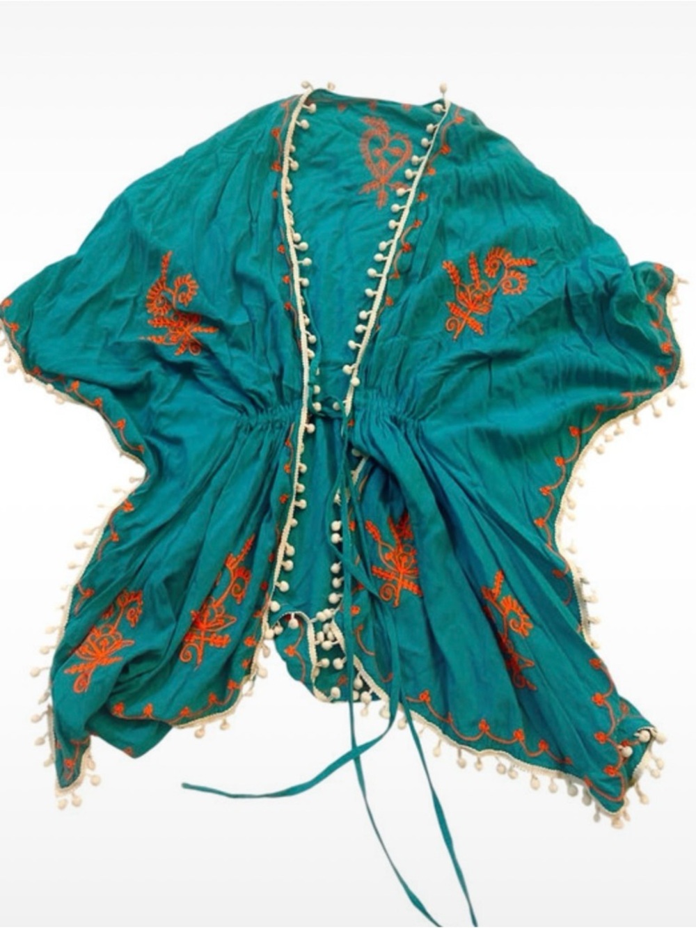 Embroidered Teal Kimono Cover-Up with Orange Accents